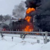 Nevsky Mazut oil depot and refinery in St. Petersburg, Russia on fire after being struck by a Ukranian long range drone